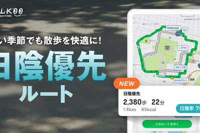 ウォーキングアプリ「ALKOO」が散歩ルート機能に「日陰優先ルート」を追加