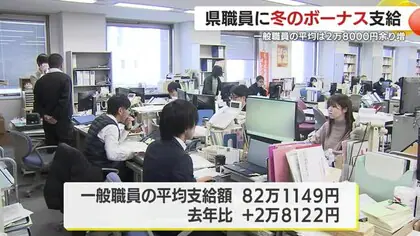 県職員に冬のボーナス支給　一般職員の平均は２万８０００円余り増　鹿児島